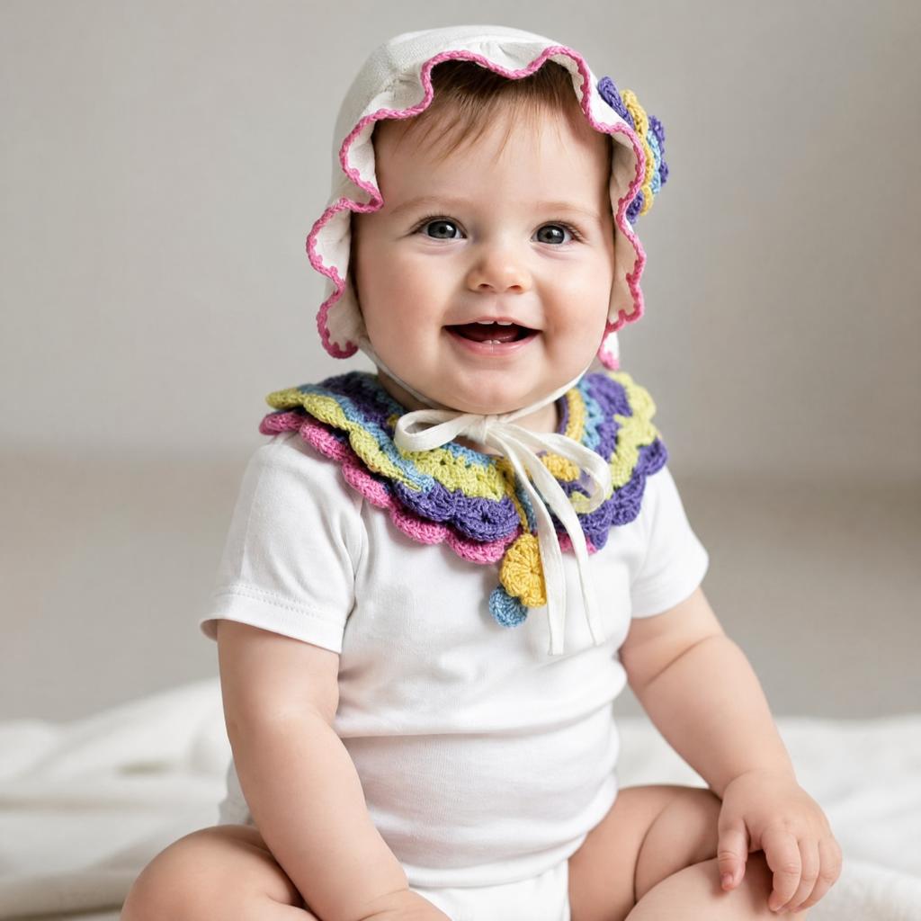 Renkli Düşler Müslin Bebek Şapka ve Örgü Yaka Seti