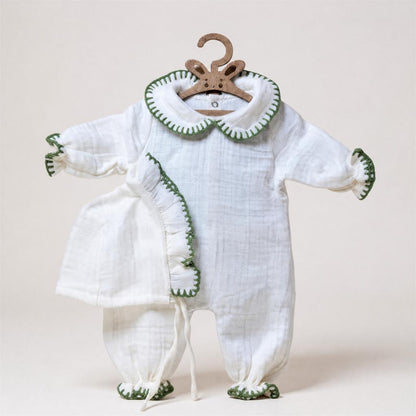 Haki Yeşil İşlemeli 4 Kat Müslin Bebek Tulum Seti,Hastane Çıkışı