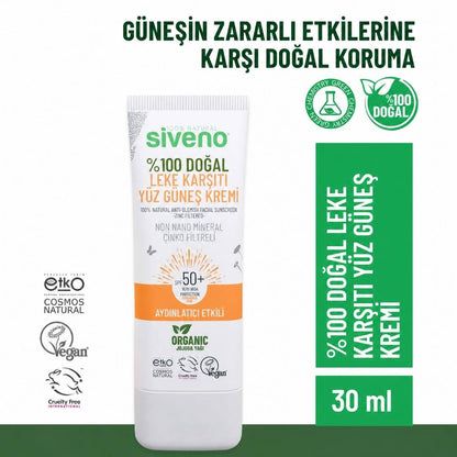 Siveno SPF 50+ %100 Doğal Yüz Güneş Kremi 30 ml