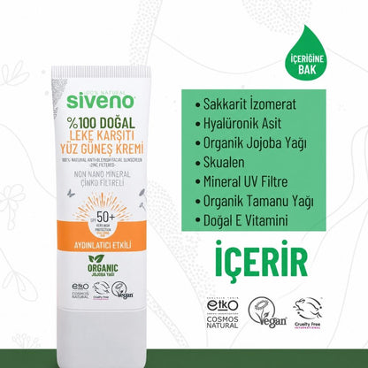 Siveno SPF 50+ %100 Doğal Yüz Güneş Kremi 30 ml